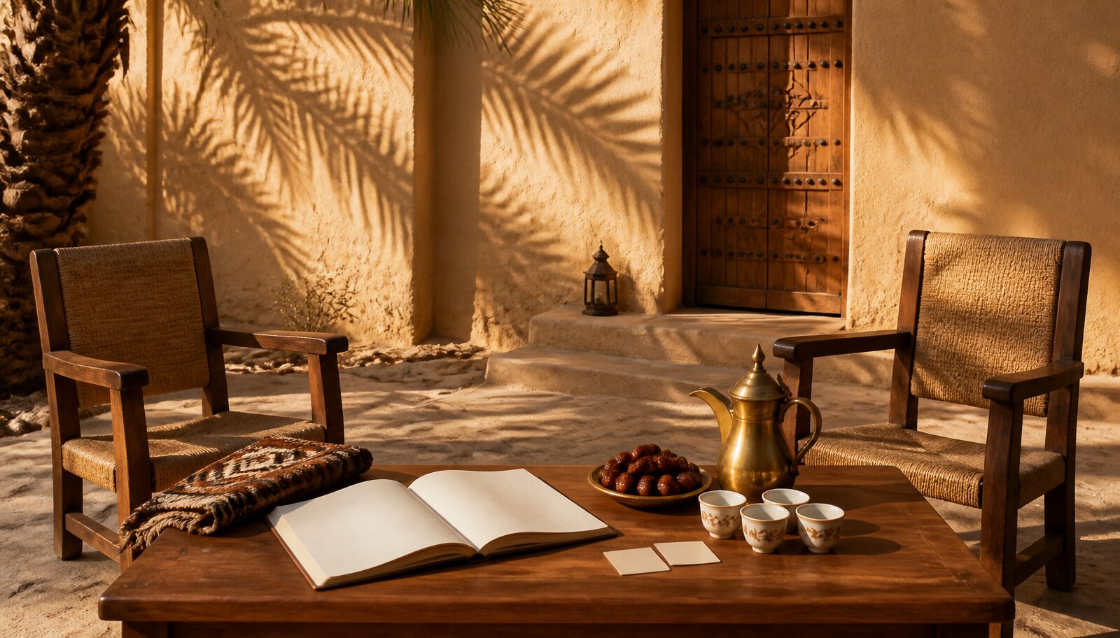 طاولة اجتماع شراكة مجهزة في فناء نجدي بسدير مع دلة وفناجين قهوة وتمور ودفتر مفتوح، بلا أشخاص